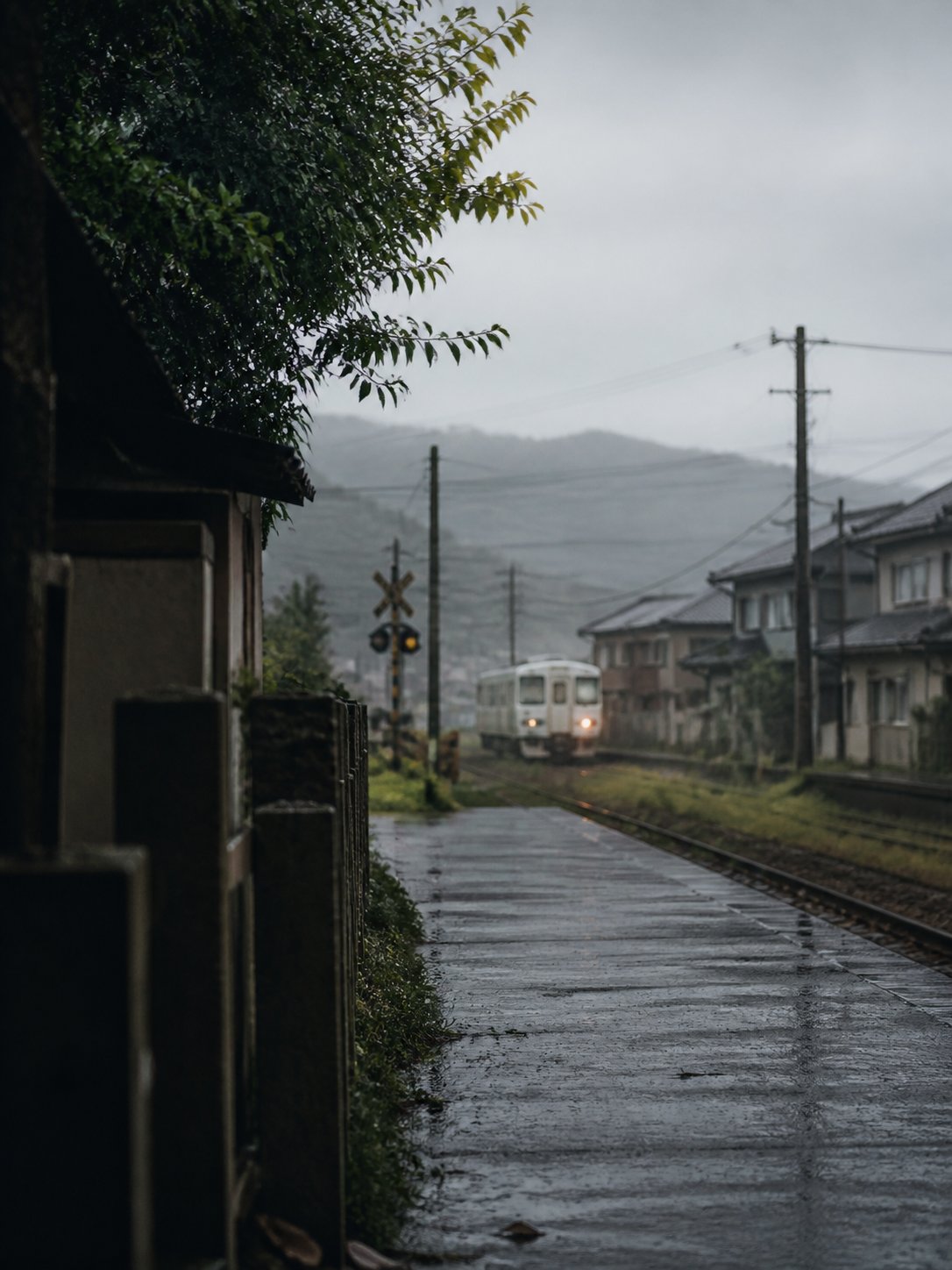 A distant local train beyond a quiet wet street