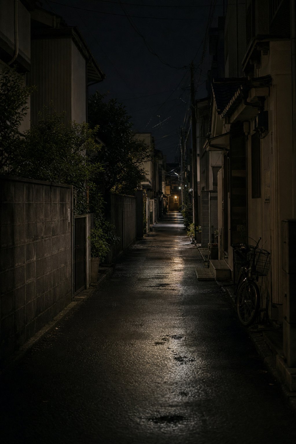 A quiet night alley with a small distant light