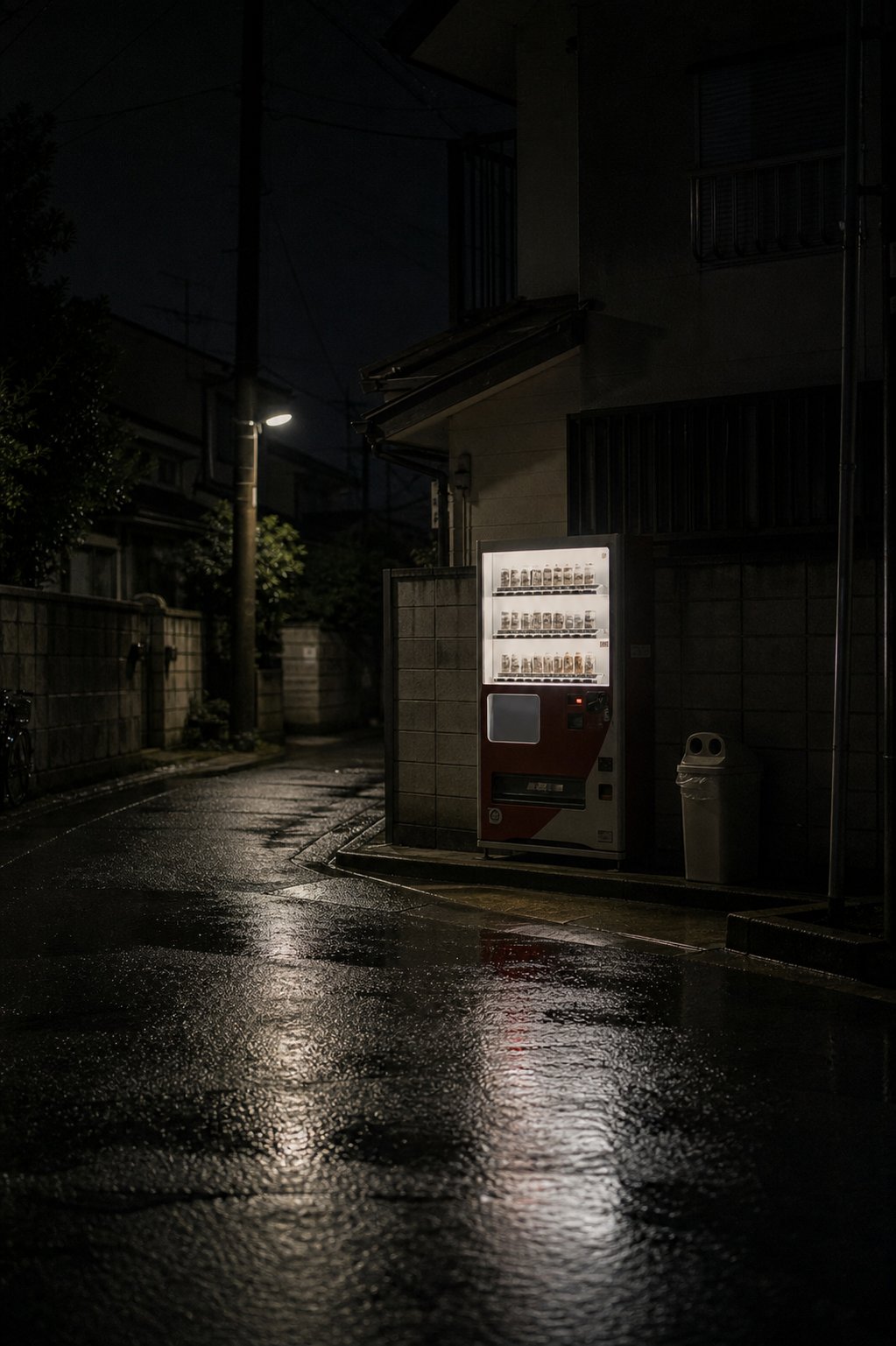 A glowing vending machine on a quiet rainy night